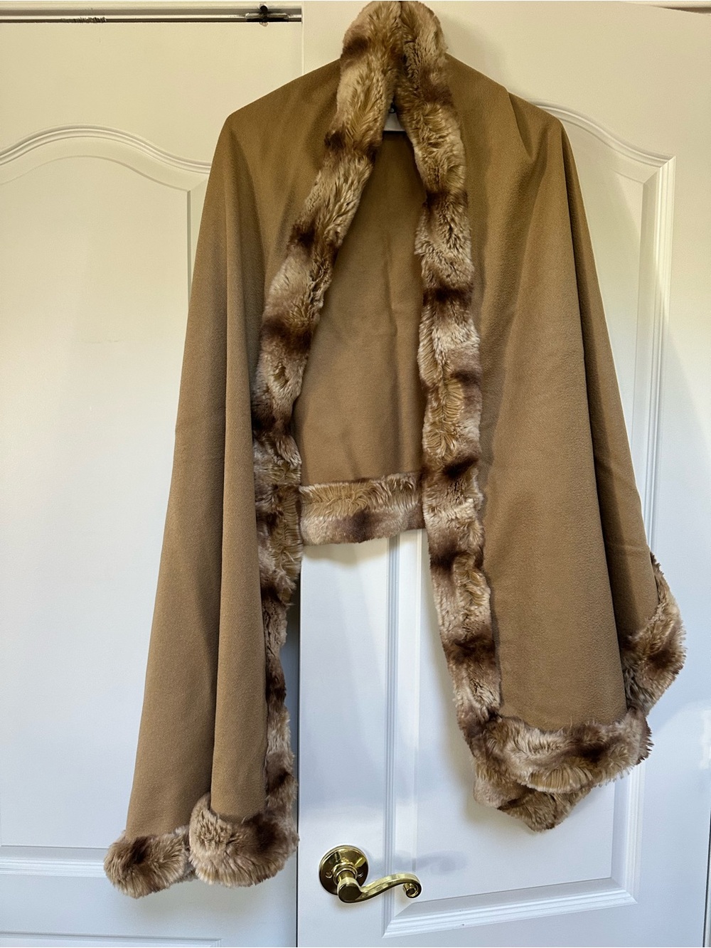 Badgley Mischka Camel Wrap Cape with Faux-Fur Trim